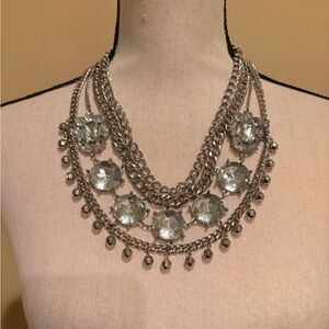 Elegant Silver Chain Statement Necklace with Clear Stones Accents NWOT!!!